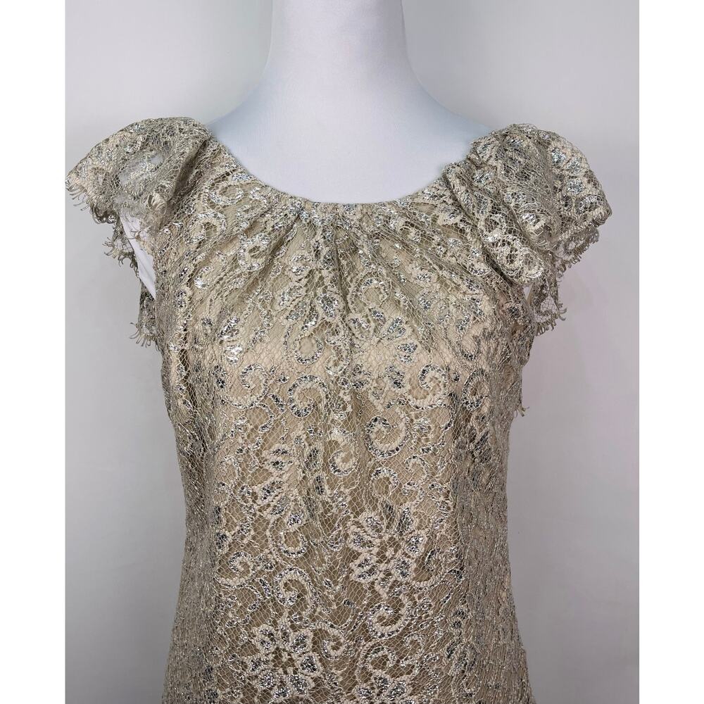 Free People Beige Silver Metallic Lace Mini Shift Dress Sleeves Size Small - Picture 3 of 13